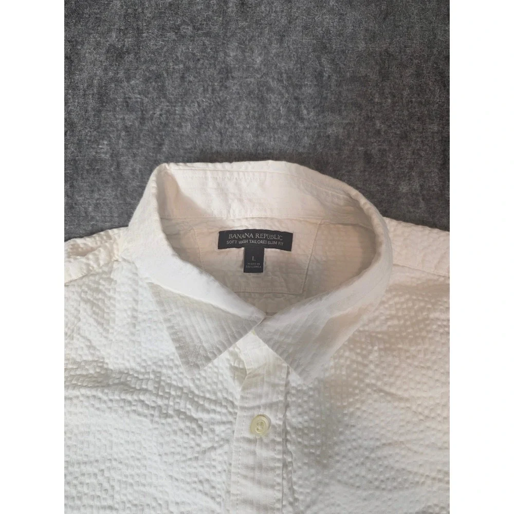 Mens L Shirt White Seersucker Tailored Slim Fit Button Down Banana Republic